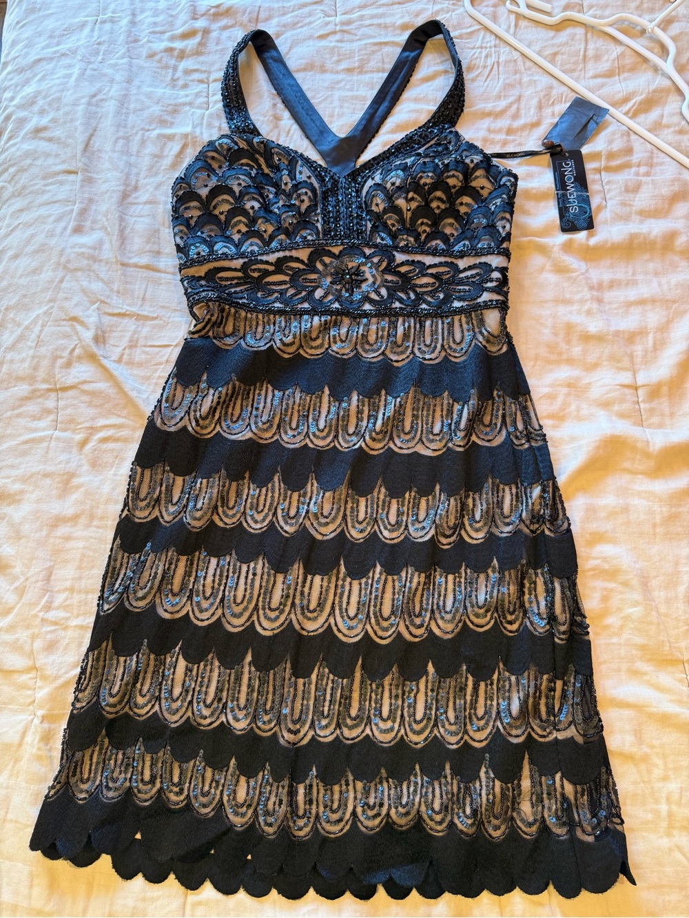 Sue Wong Black Nude Embellished Y-Back Dress 10